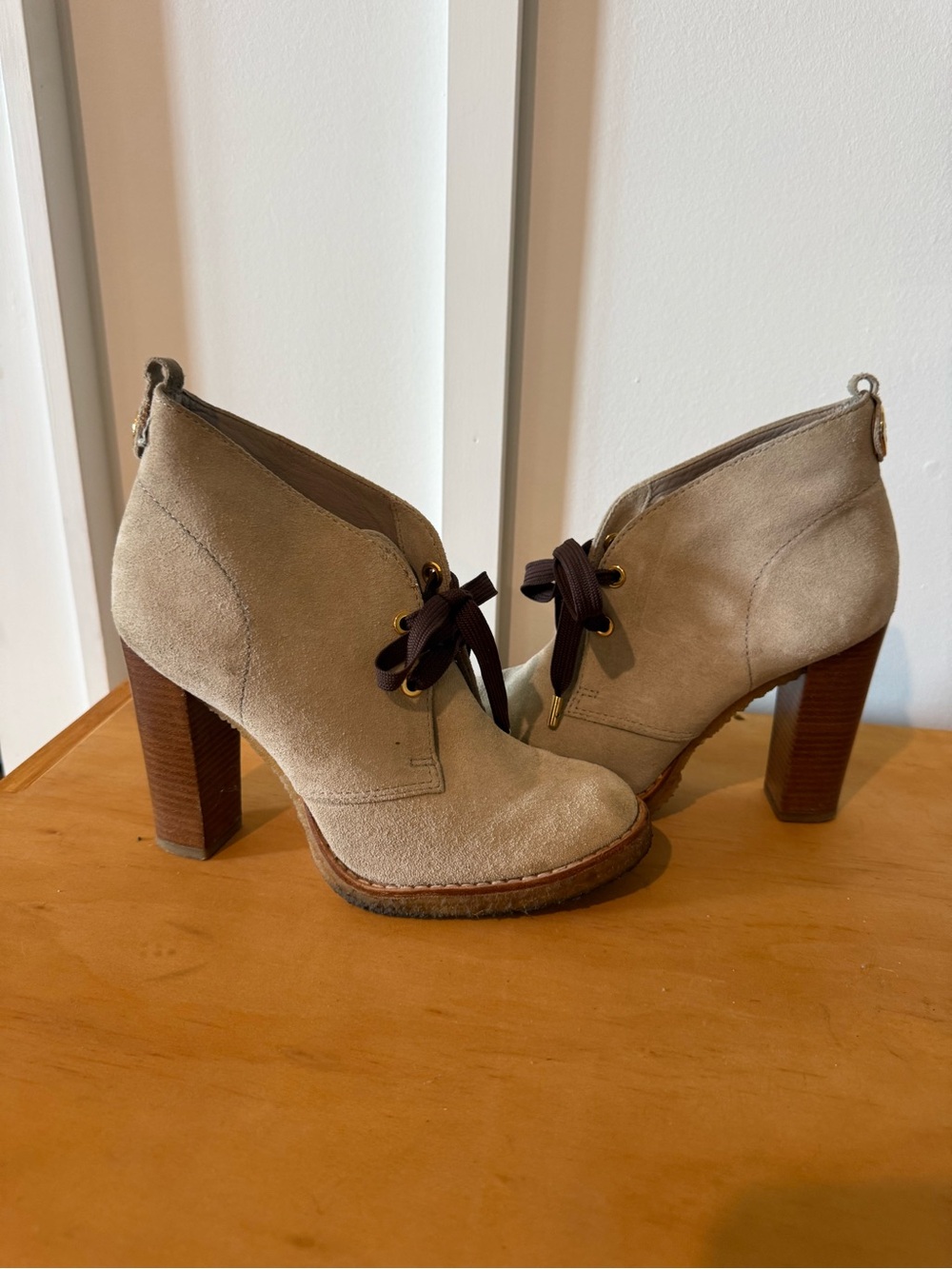 Tory Burch Hilary Suede Lace-Up Ankle Booties beige